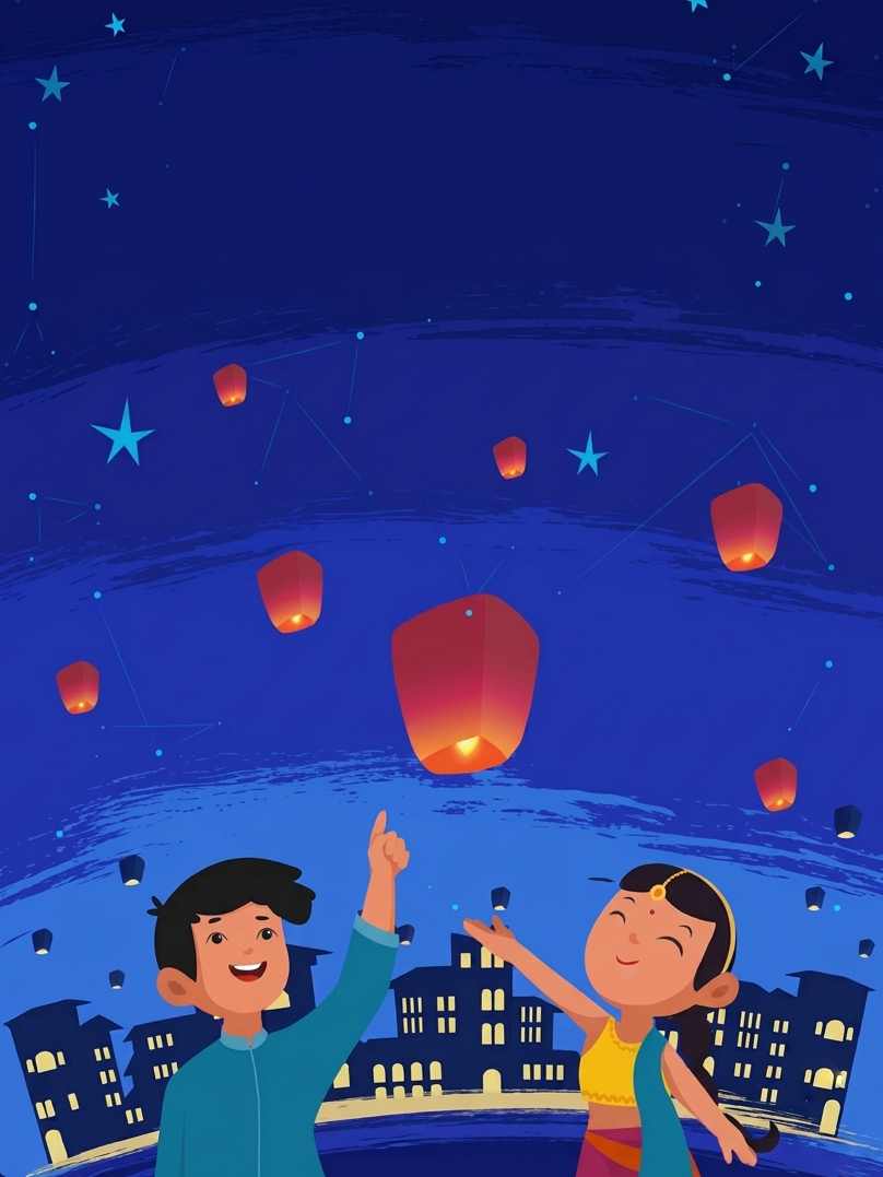 Two children celebrating Diwali, pointing at sky lanterns rising over the city at night